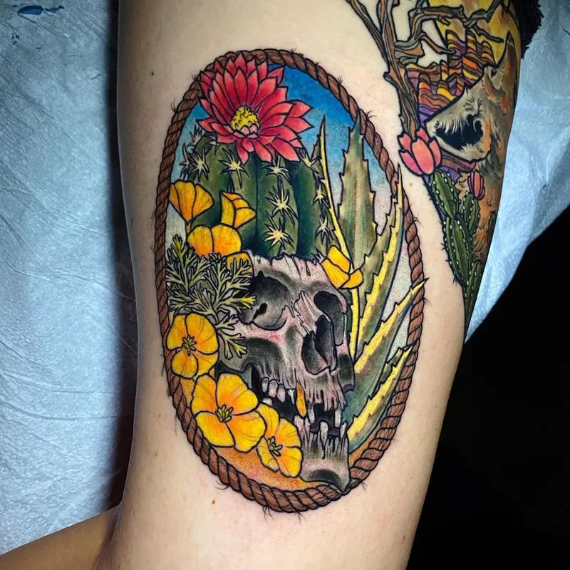 Color traditional tattoo on the upper arm of a desert scene in a rope-bordered oval, featuring an animal skull, a blooming cactus, and yellow poppies.