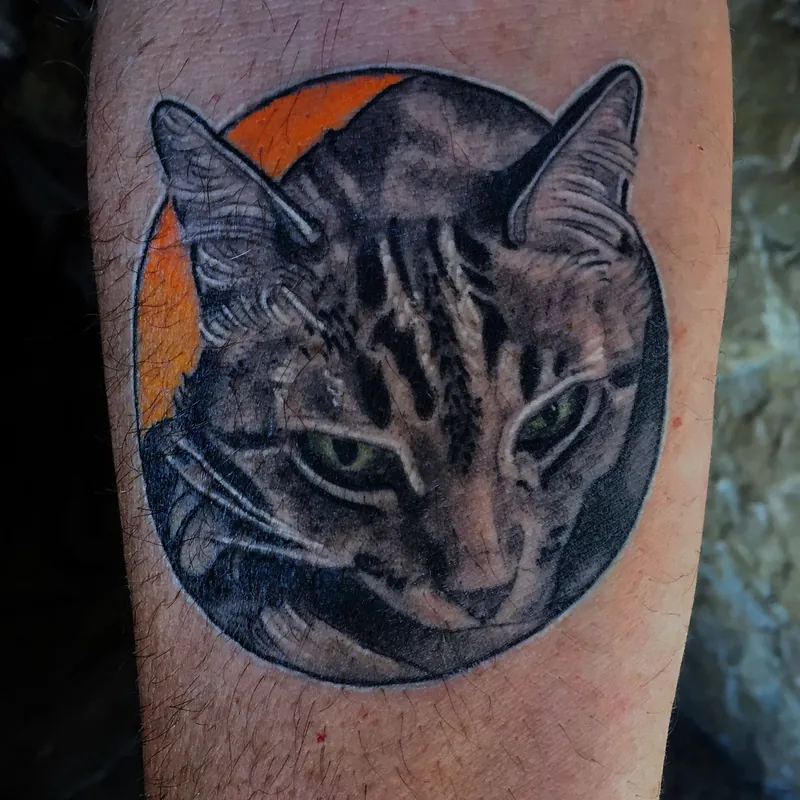 Color realism tattoo of a tabby cat's face with green eyes set against an orange circular background, on the forearm.