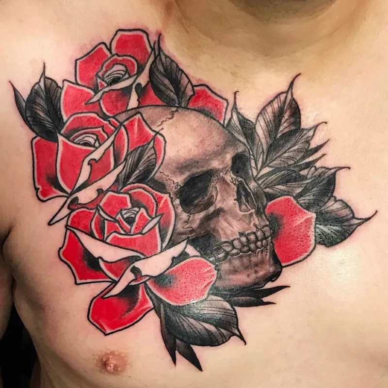 Skull with roses tattoo by Elvis Tattoos, Nashville