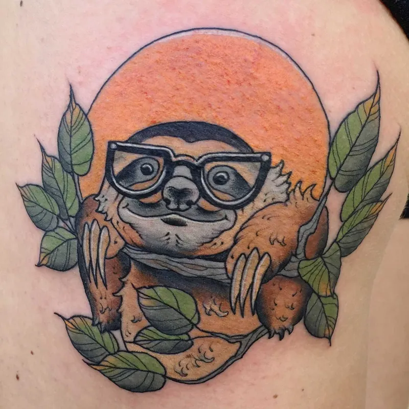 Color neo-traditional tattoo of a sloth wearing round glasses and hanging from a leafy branch, backed by an orange sun.