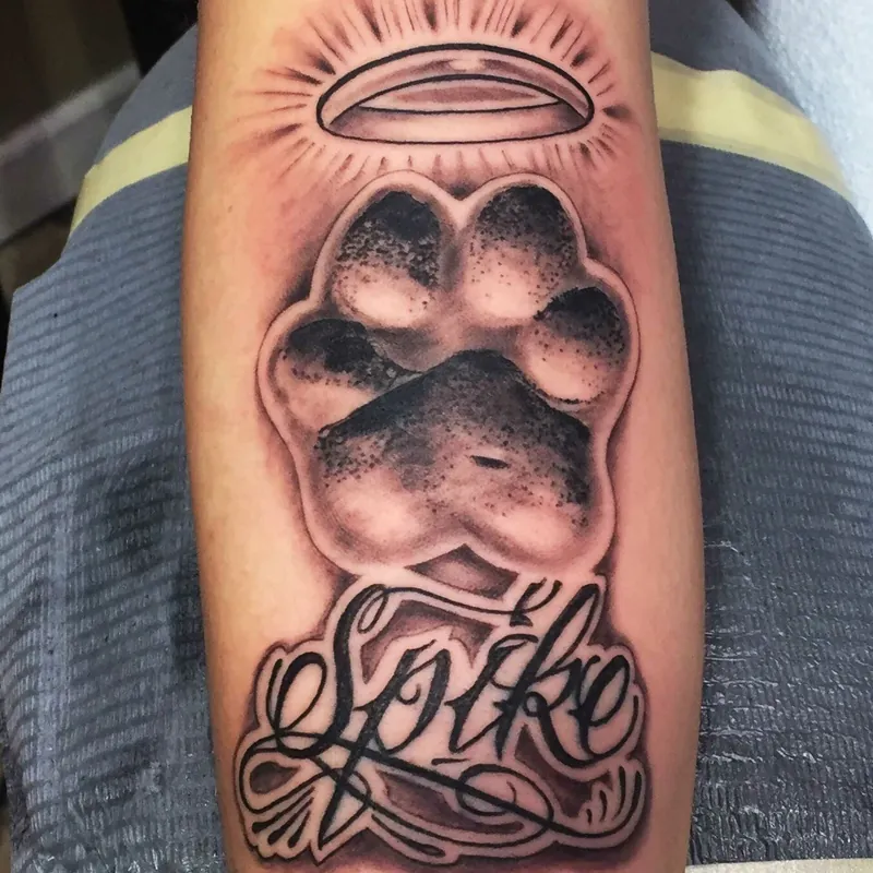 Black and grey memorial tattoo of a dog paw print topped with a halo, with the name Spike in script lettering below on the forearm.