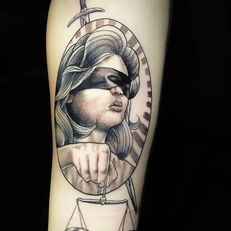 Tattoo on a forearm depicting Lady Justice with long flowing hair and a blindfold over her eyes. She holds a set of balanced scales in her hand extending below the oval frame. A sword is positioned vertically behind her head, pointing upward. The design uses fine line work and shading to create depth and a classical illustration style.
