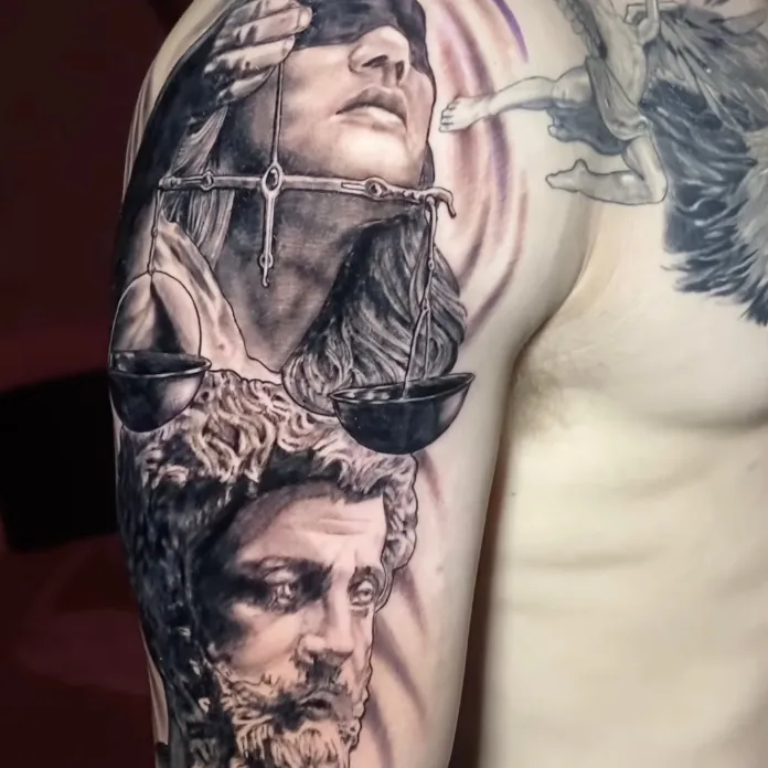 Black and grey tattoo on the shoulder depicting a blindfolded Lady Justice holding scales above a bearded stone bust, with a falling winged figure alongside.