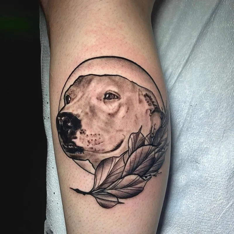 Black and grey realism tattoo of a dog's portrait inside a circular frame with a trailing feather beneath it, on the forearm.