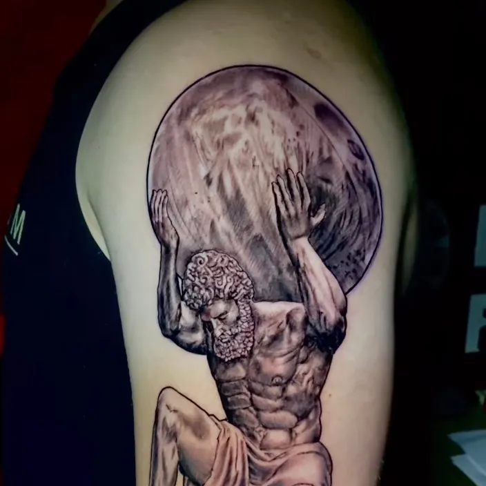 Atlas moon tattoo by Elvis Tattoos, Nashville