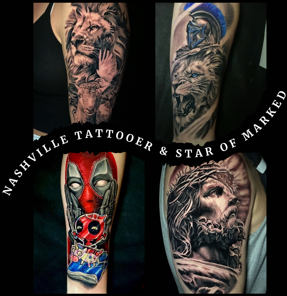 Collage of custom tattoo work by Jason 'Elvis' Martin at Elvis Tattoo Shop in Nashville