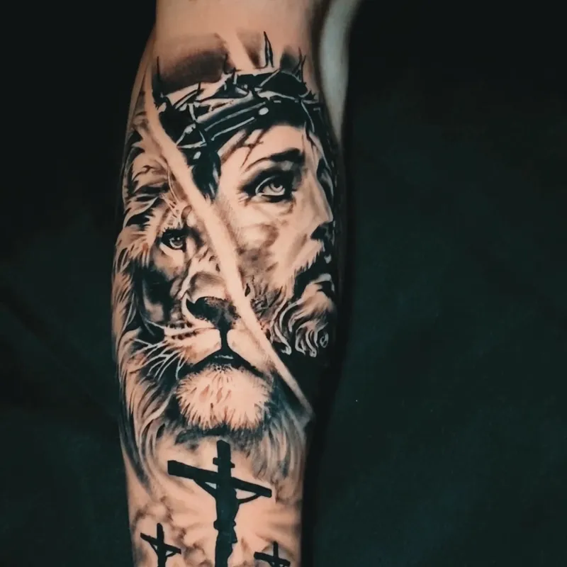 Black and grey realism tattoo of Jesus's face in a crown of thorns merging into a lion's face, with three crosses below, on the forearm.
