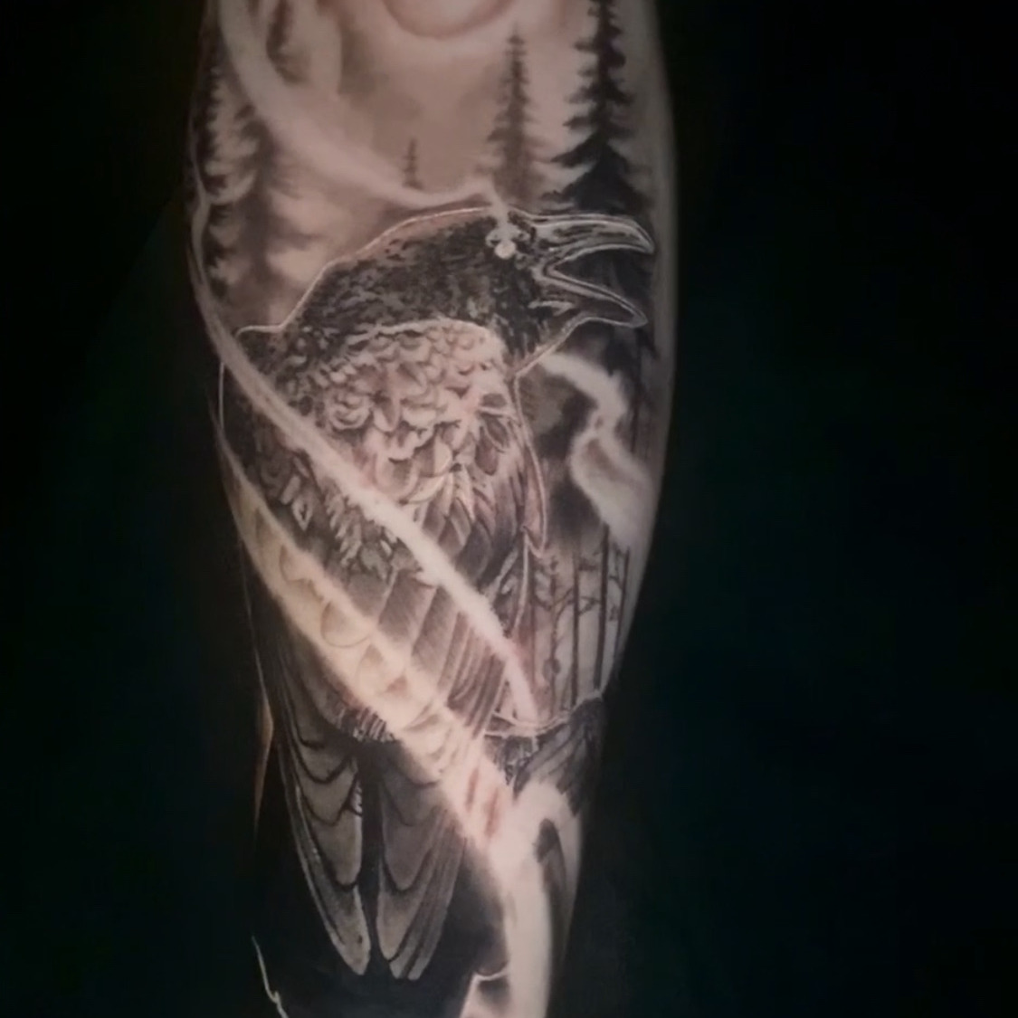 Black and grey realism tattoo of a raven calling with its beak open and wings folded, in front of a misty pine forest under a full moon, on the forearm.