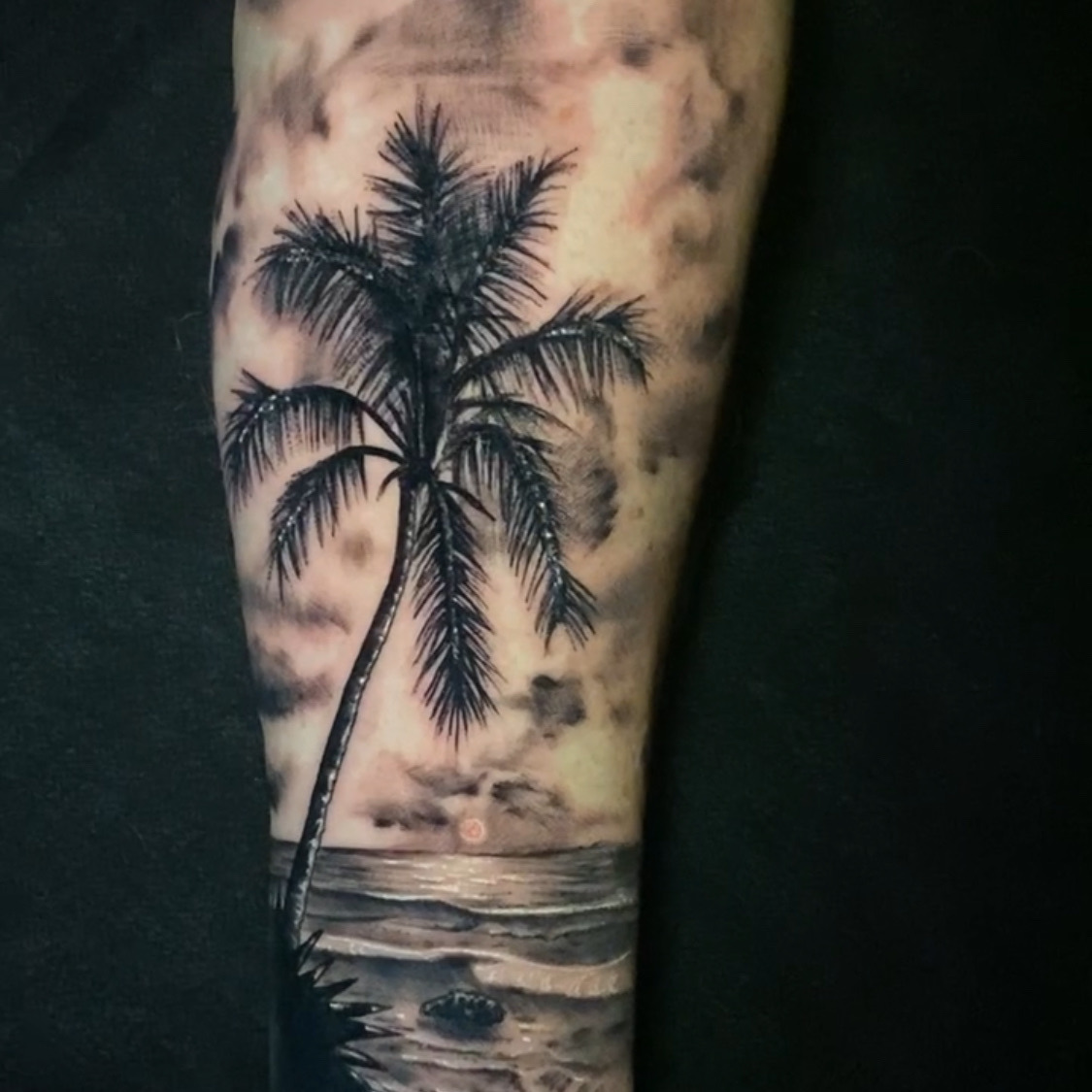 Black and grey realism tattoo of a leaning palm tree over a beach at sunset, with waves washing over rocks below and clouds above, on the forearm.