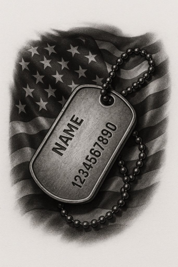 Realistic dog tag over American flag tattoo: one of the most classic military tattoo ideas for any veteran or active service member