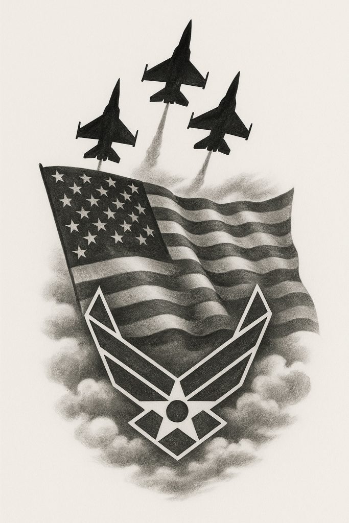 Black and gray tattoo design showing jets in delta formation flying over an American flag, with the Air Force insignia emerging from soft cloud breaks below.