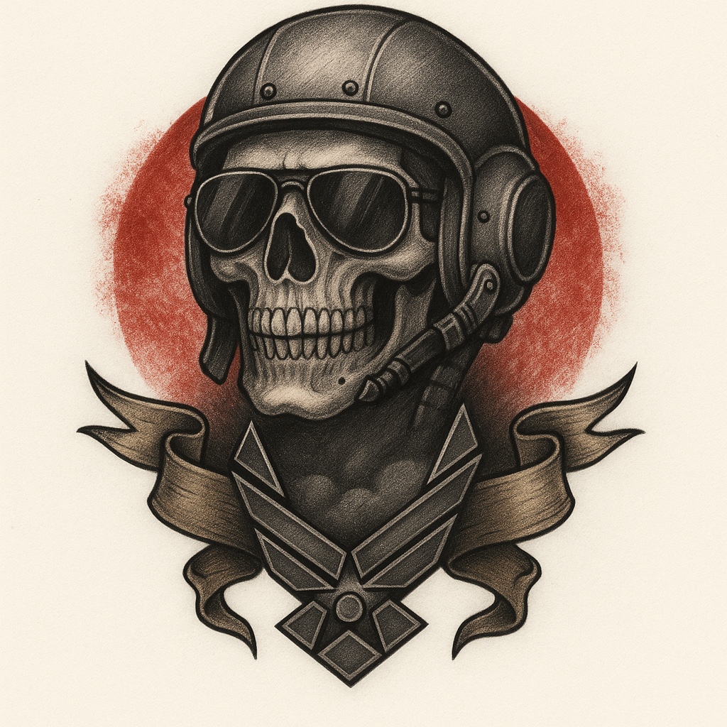 Neo-traditional style tattoo of a skull wearing pilot helmet and aviator shades, with bold outlines, background banners, and the Air Force insignia beneath.