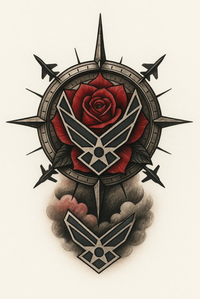 Stylized tattoo featuring the Air Force insignia centered on a compass rose, with fighter jets as compass points and a blooming red rose in the background.