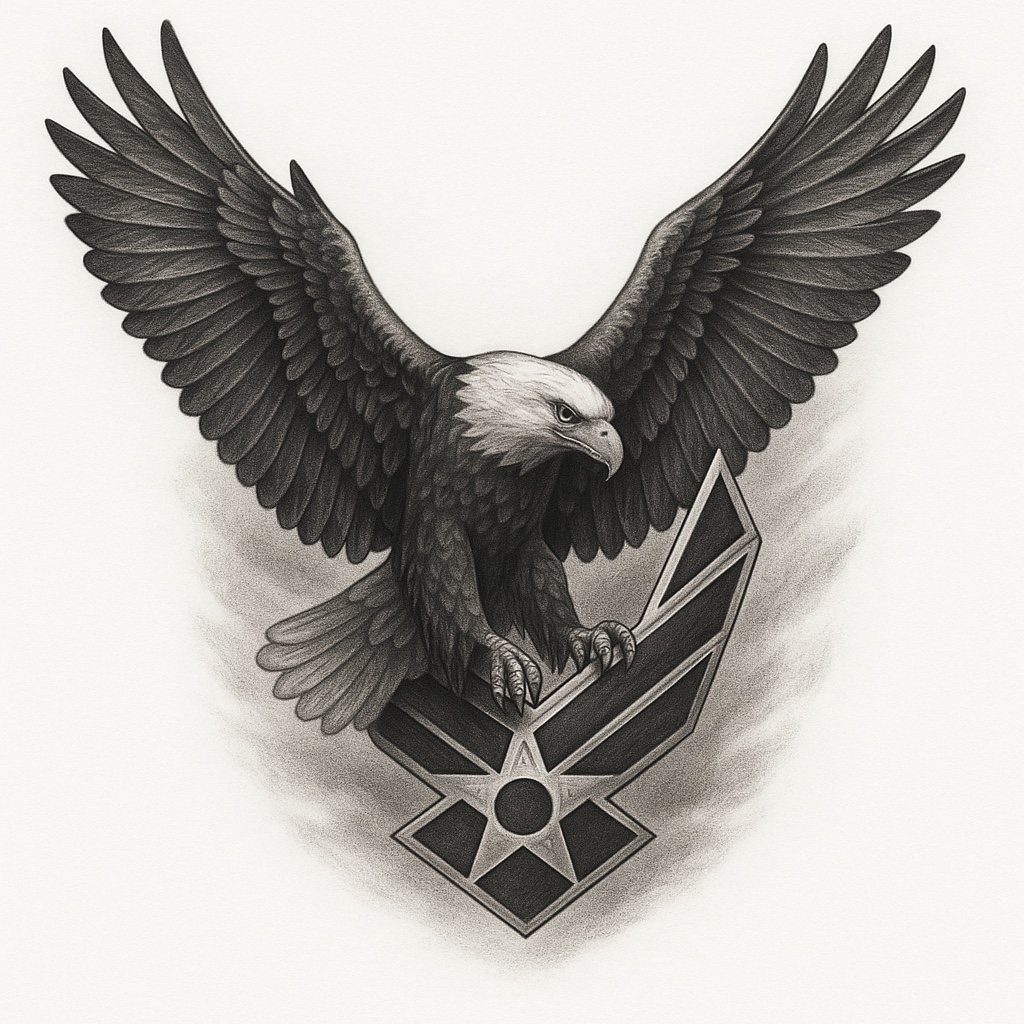 Black and gray realism tattoo of a bald eagle mid-flight with extended wings, talons gripping the Air Force insignia like a medallion.